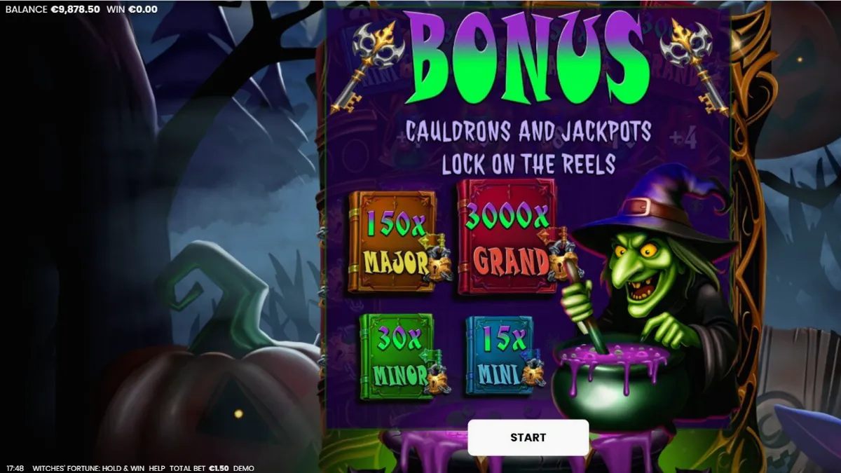 Tampilan visual slot Witches’ Fortune: Hold & Win dengan tema sihir dan kuali ajaib